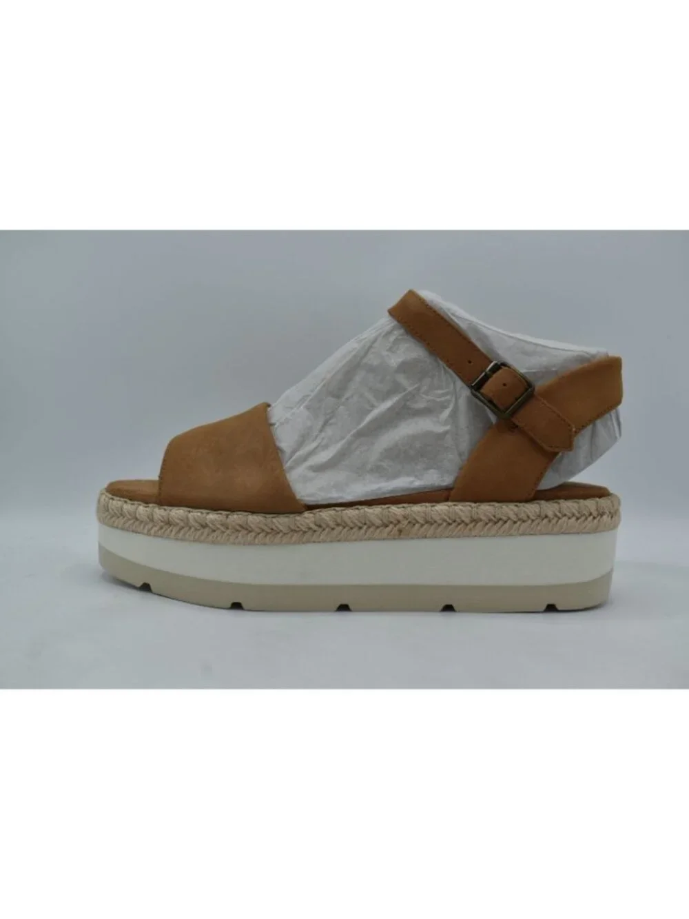 TOMS Womens Size 9.5 Ronan Tan Leather Espadrille Platform‎ Sandals Shoes